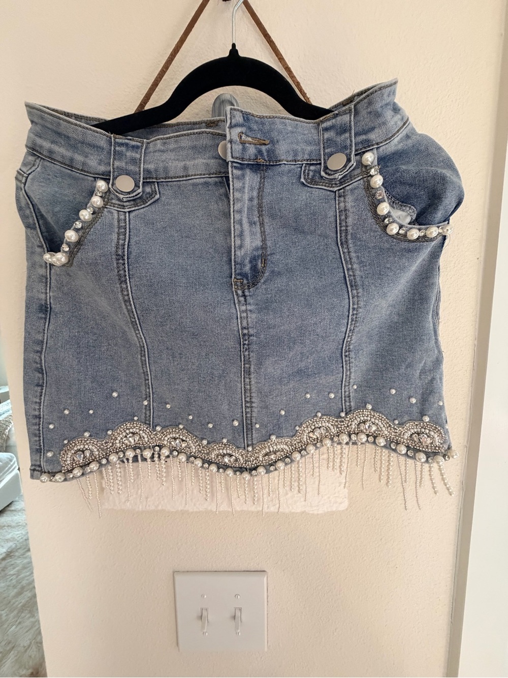 Pearl-Embellished Light Blue Denim Mini Skirt